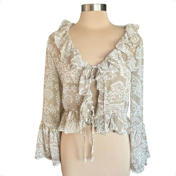 Love Is For Eternity Tan White Paisley Ruffled Tie Front Top MEDIUM Fairy Boho - Picture 1 of 8